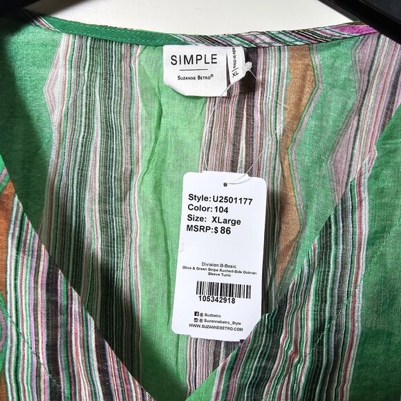 Simple Suzanne Betro Semi-sheer Green Stripe Tunic Top Dolman Sleeves Size XL - Picture 2 of 7